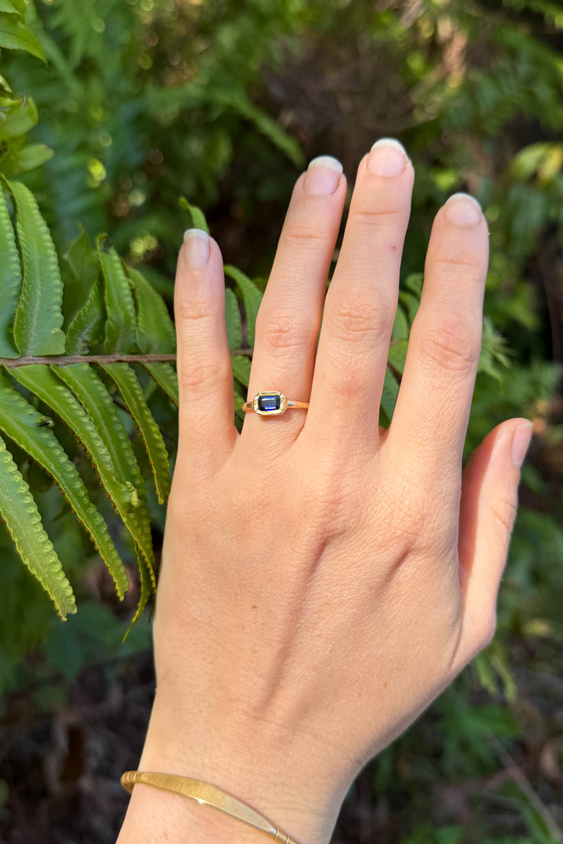 Hand wearing a gold ring with a blue gemstone against a green leafy background