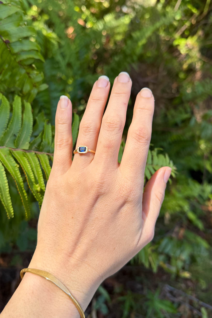 Hand wearing a ring with a blue stone against a green fern background