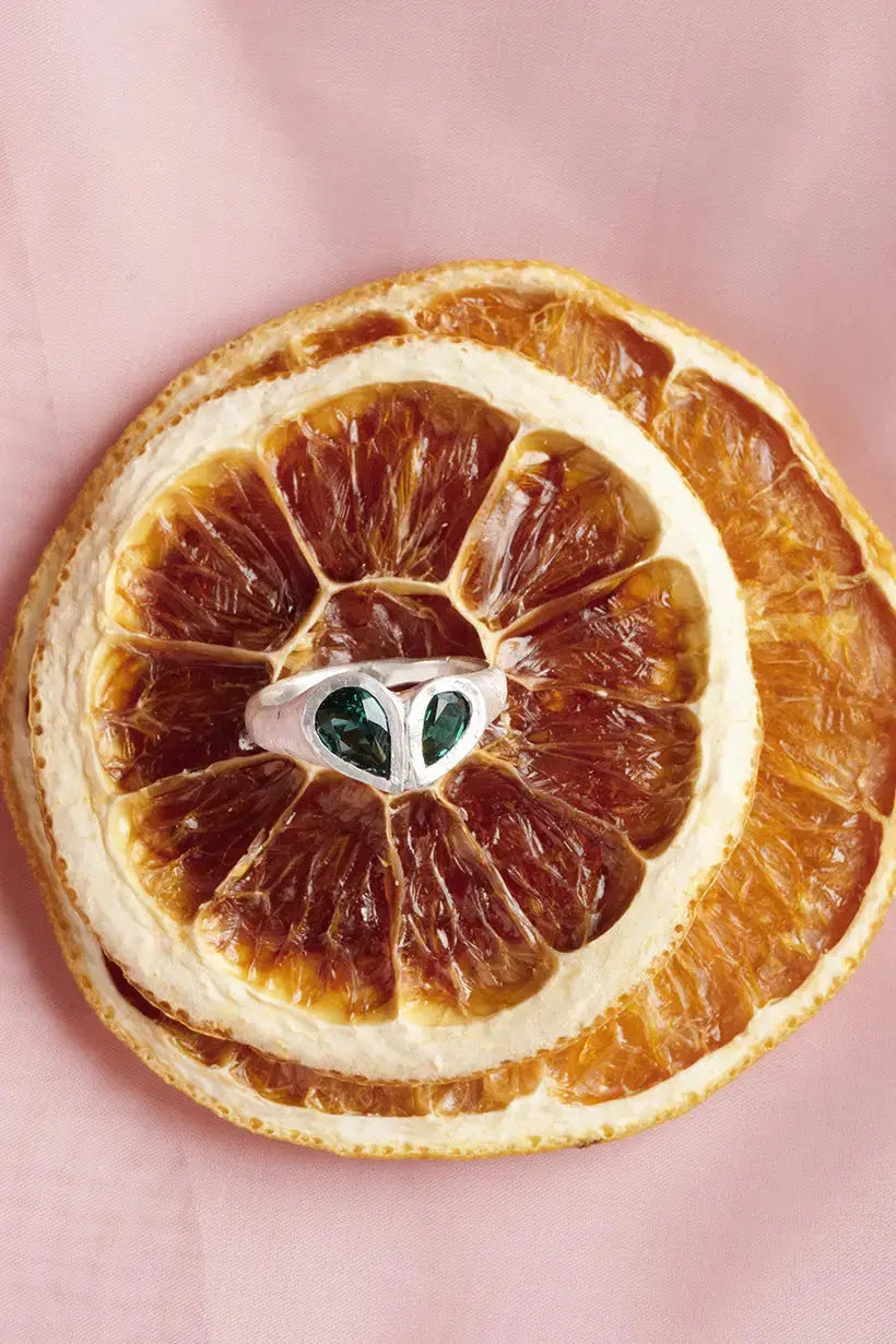 PETAL HEART SIGNET RING - STERLING SILVER, EMERALD Ada Hodgson