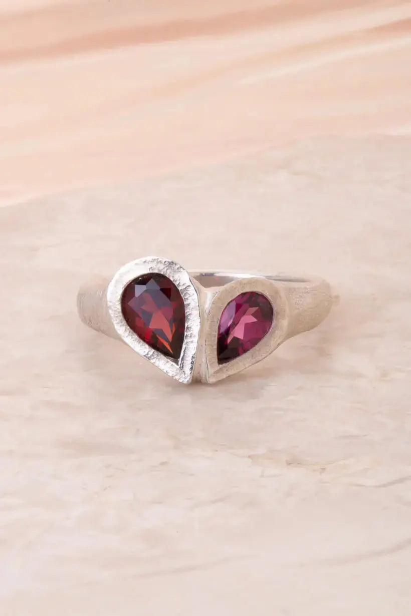 PETAL HEART SIGNET RING - STERLING SILVER, GARNET Ada Hodgson