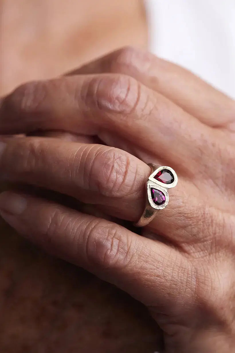 PETAL HEART SIGNET RING - STERLING SILVER, GARNET Ada Hodgson