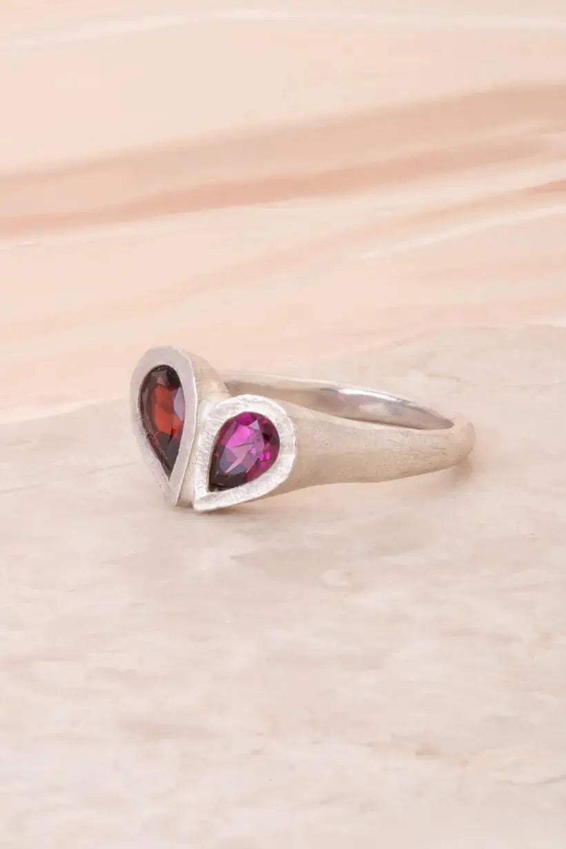 PETAL HEART SIGNET RING - STERLING SILVER, GARNET Ada Hodgson
