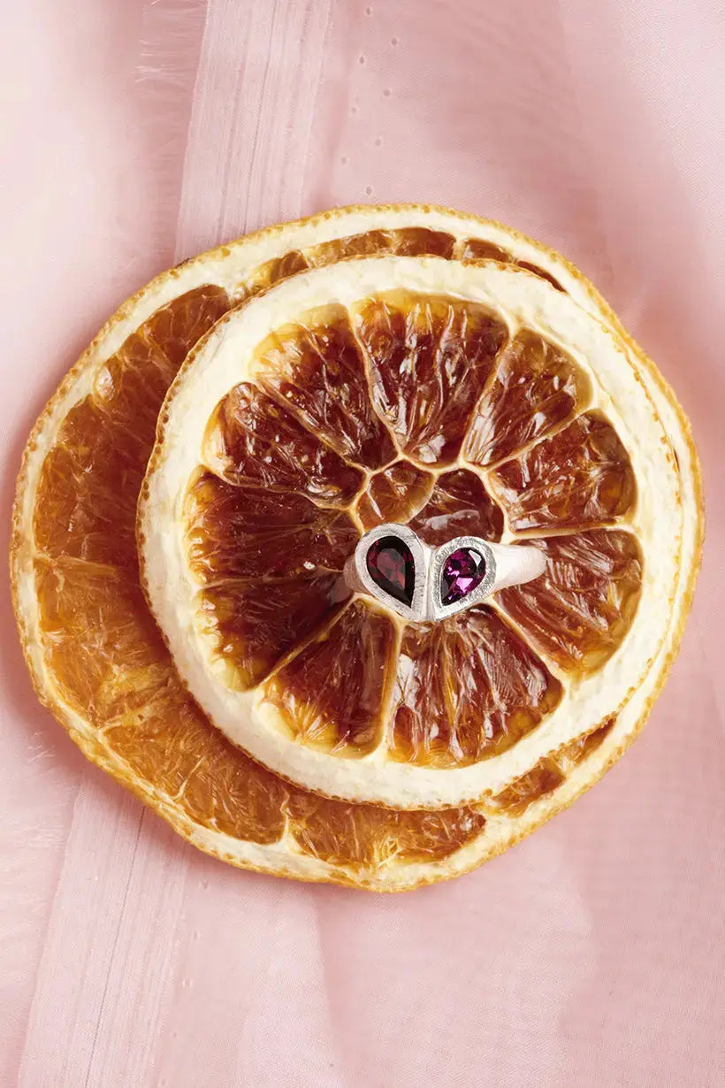 PETAL HEART SIGNET RING - STERLING SILVER, GARNET Ada Hodgson