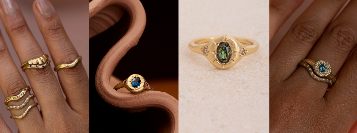 Monet's Garden engagement rings and curved wedding bands with Australian sapphires and diamonds, handmade in Melbourne from recycled gold