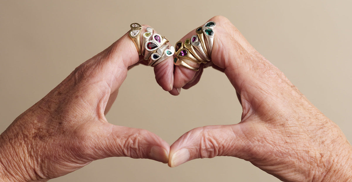 Petal Heart and Precious Heart signet rings in gold and sterling silver with garnets, emeralds, Australian sapphire and diamonds