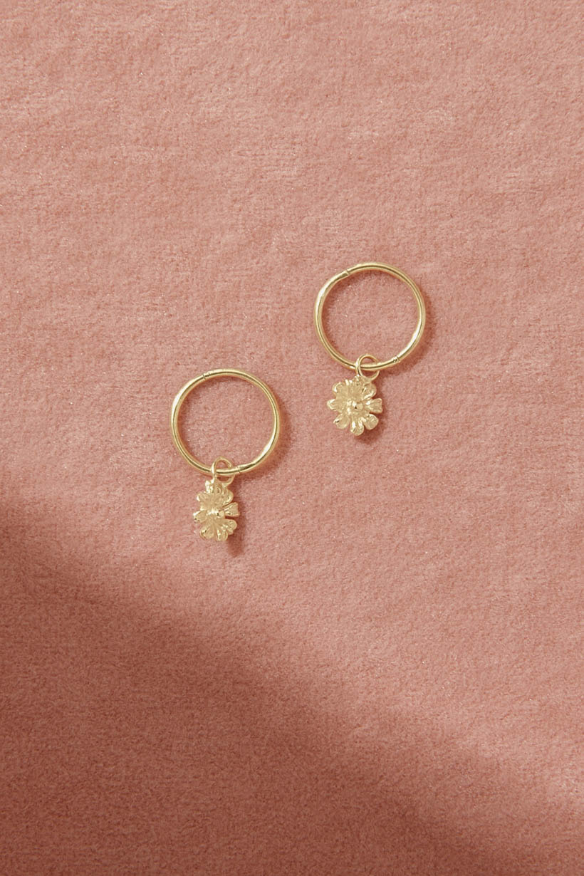 9ct Yellow Gold daisy sleeper earrings resting on a soft pink background
