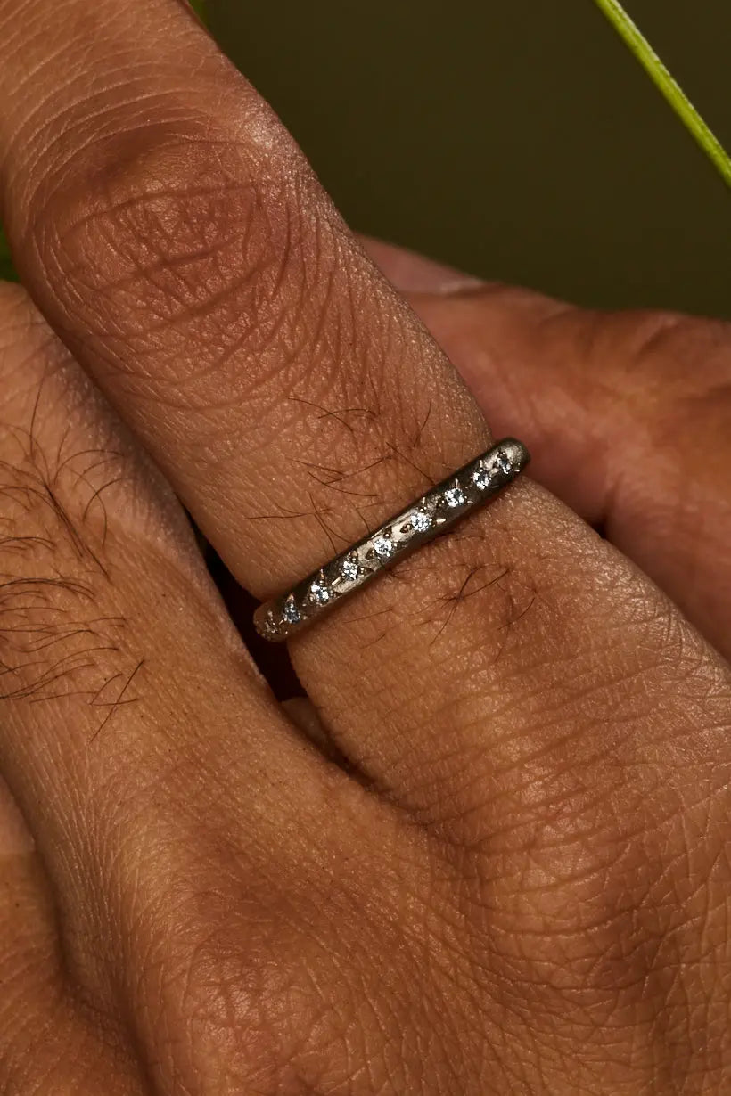Close-up of the rosette-style settings with diamonds nestled in white gold